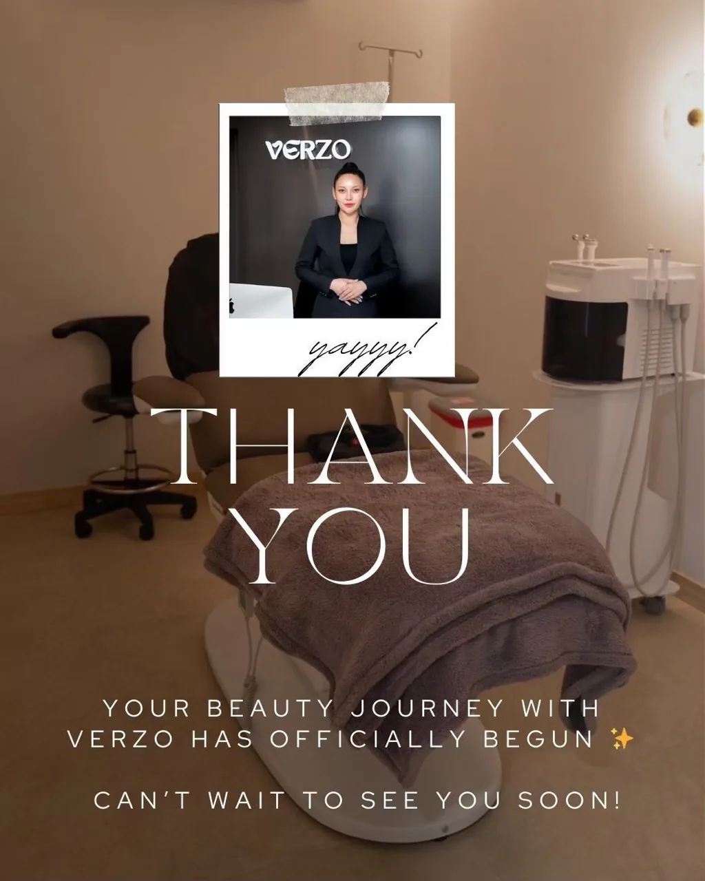 English VERZO welcome graphic over a private treatment room photograph